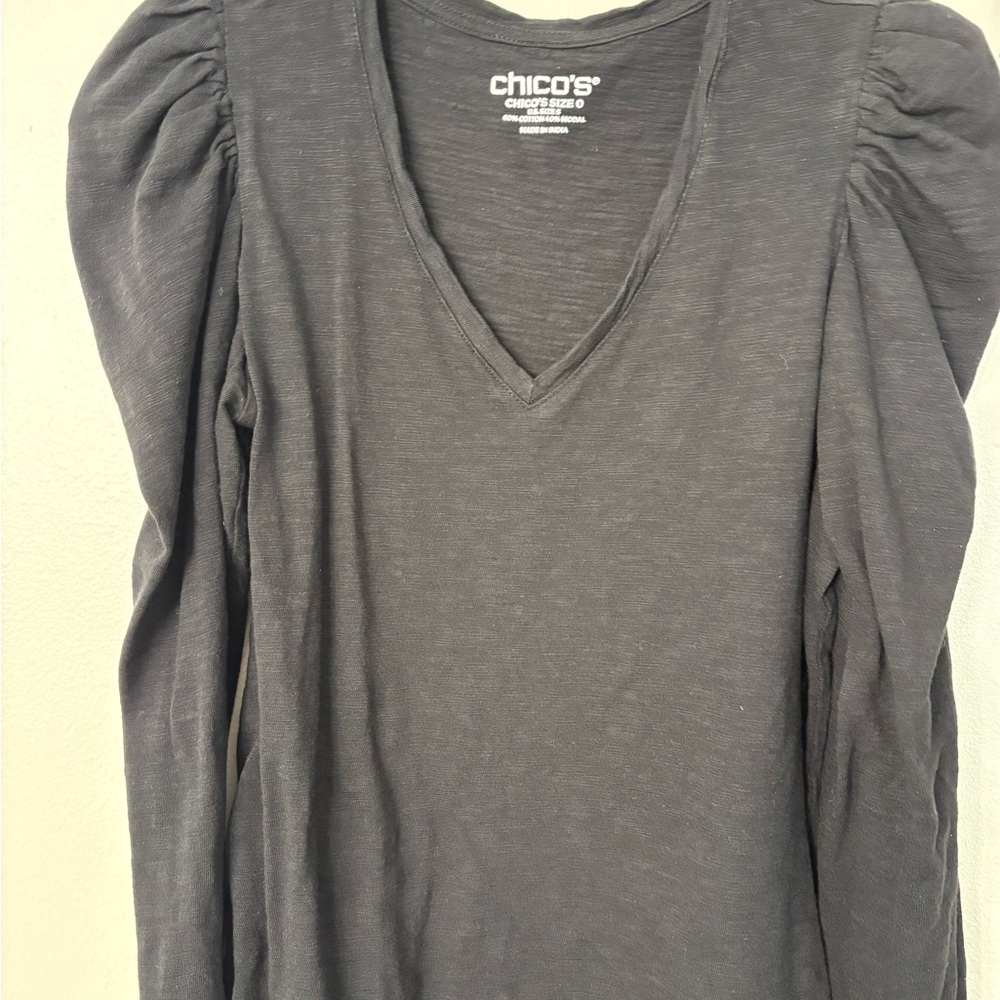 Chico's Black V-Neck Puff Shoulder Long Sleeve Top
